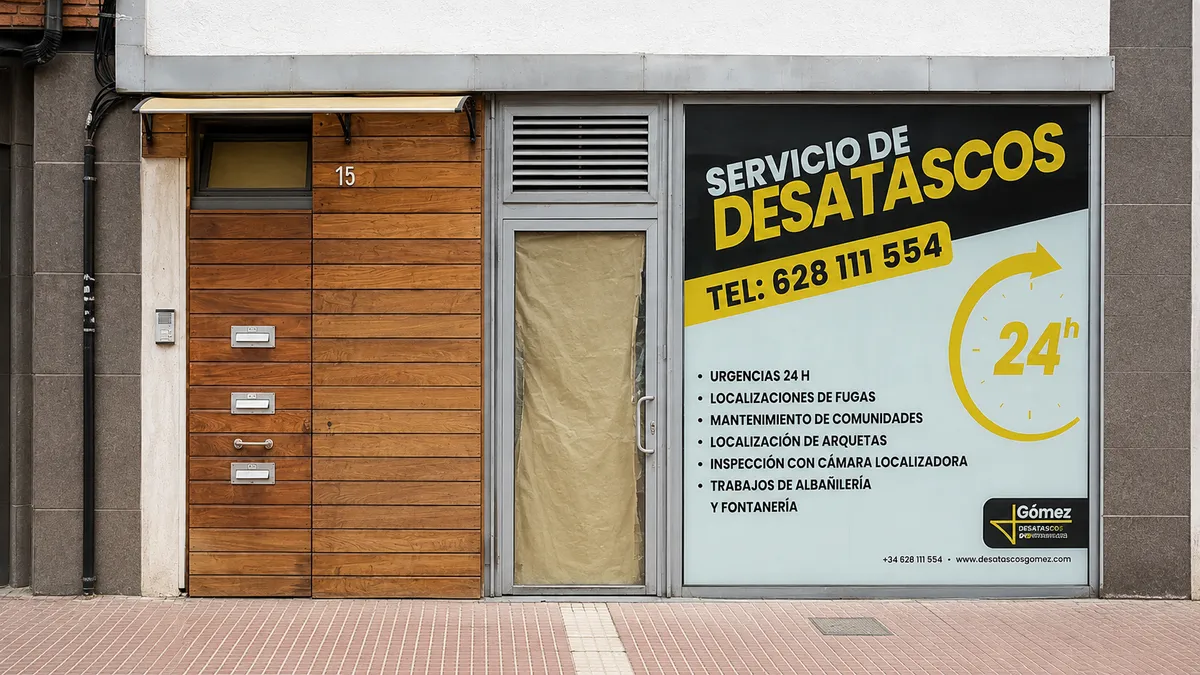 Fachada del local de Desatascos GMAS en Canet de Mar, con el rótulo de desatascos 24h