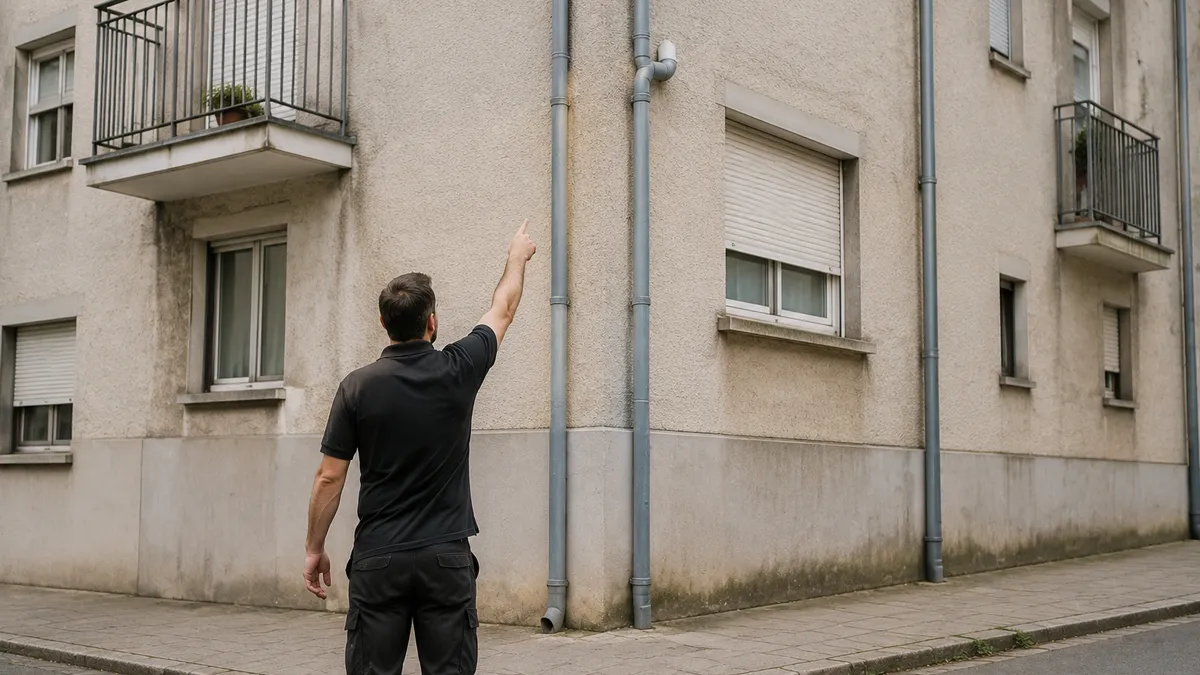 Técnico señalando los bajantes de la fachada de un edificio (imagen ilustrativa)