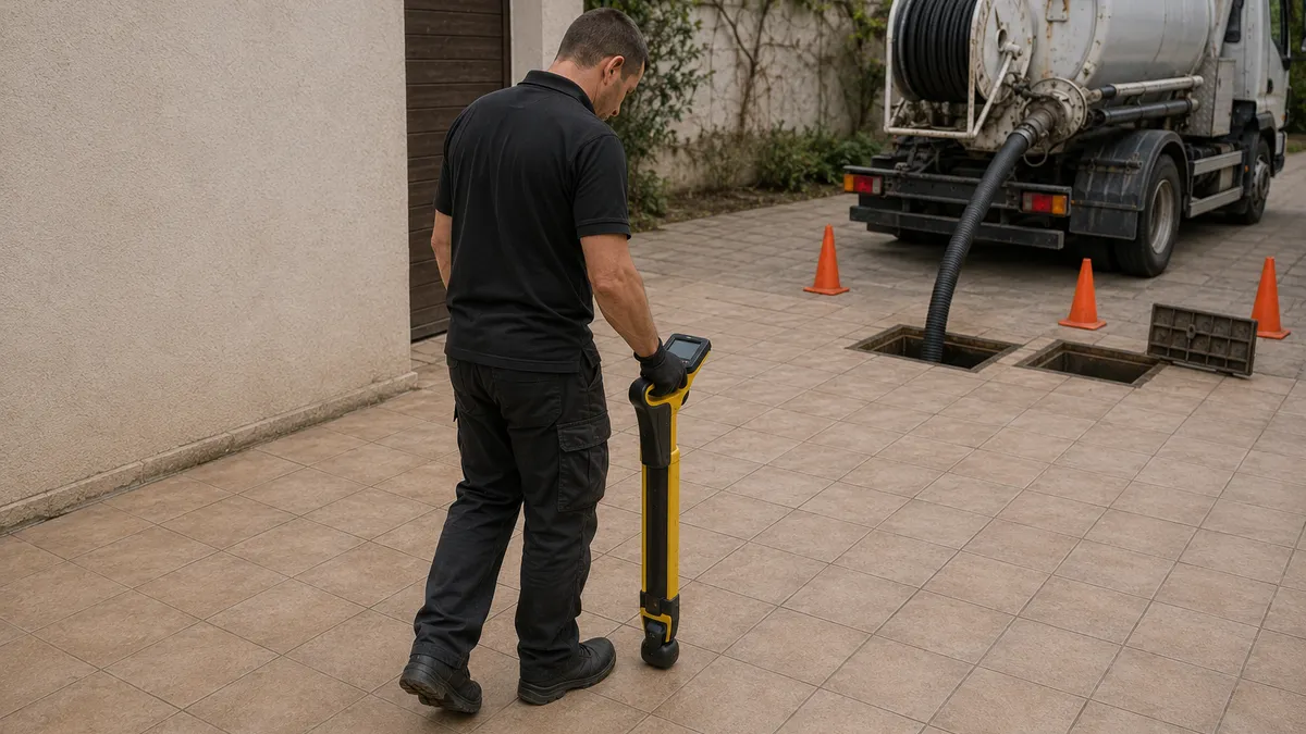 Técnico siguiendo la señal con el localizador sobre el pavimento (imagen ilustrativa)