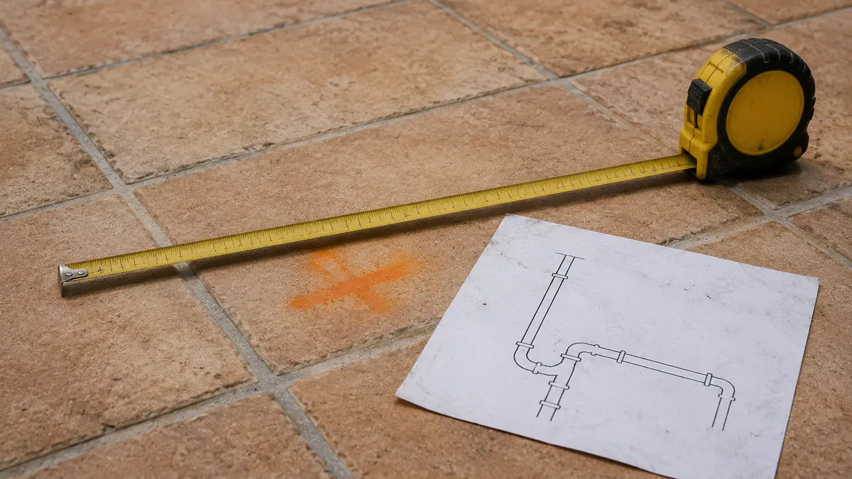 Cruz marcada con spray en el suelo, cinta métrica y croquis de la tubería (imagen ilustrativa)