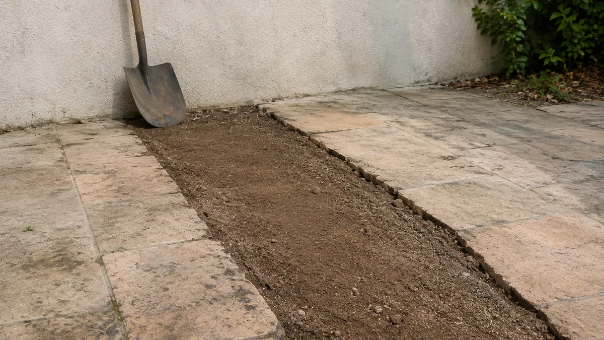 Zanja rellena y compactada en un patio, con una pala apoyada en la pared (imagen ilustrativa)
